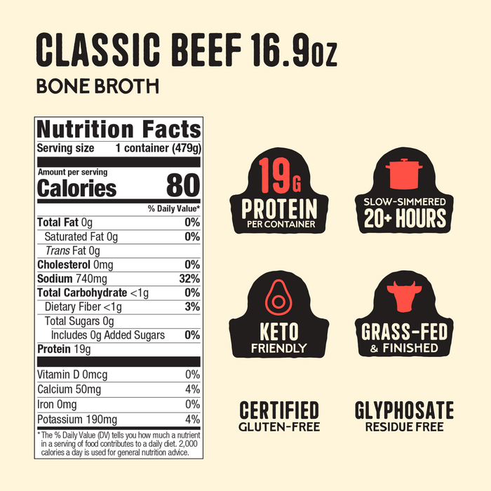 Classic beef bone broth 16.9oz container with nutrition facts label and product feature badges including protein content, slo