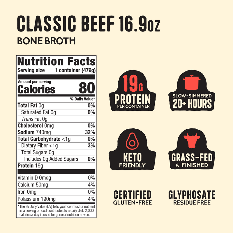 Classic beef bone broth 16.9oz container with nutrition facts label and product feature badges including protein content, slo
