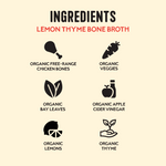 Ingredients chart listing organic free-range chicken bones, vegetables, bay leaves, apple cider vinegar, lemons, and thyme fo