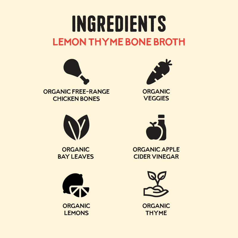 Ingredients chart listing organic free-range chicken bones, vegetables, bay leaves, apple cider vinegar, lemons, and thyme fo