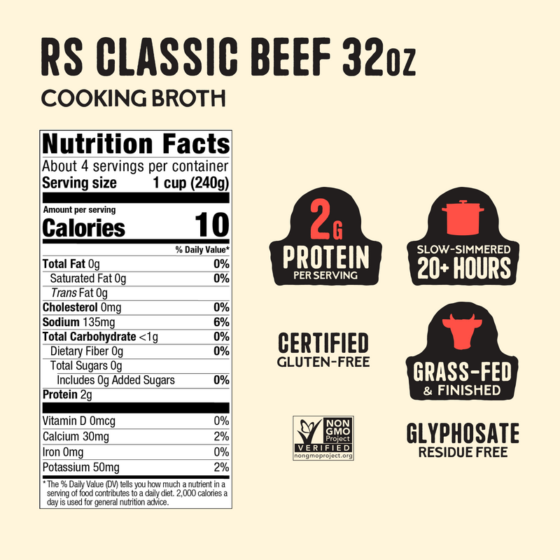 RS Classic Beef 32oz cooking broth with nutrition facts label and certifications for grass-fed, gluten-free, and glyphosate r