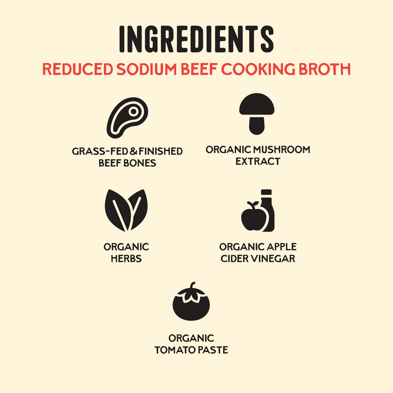 Ingredients label for reduced sodium beef cooking broth featuring grass-fed beef bones, organic mushroom extract, herbs, appl