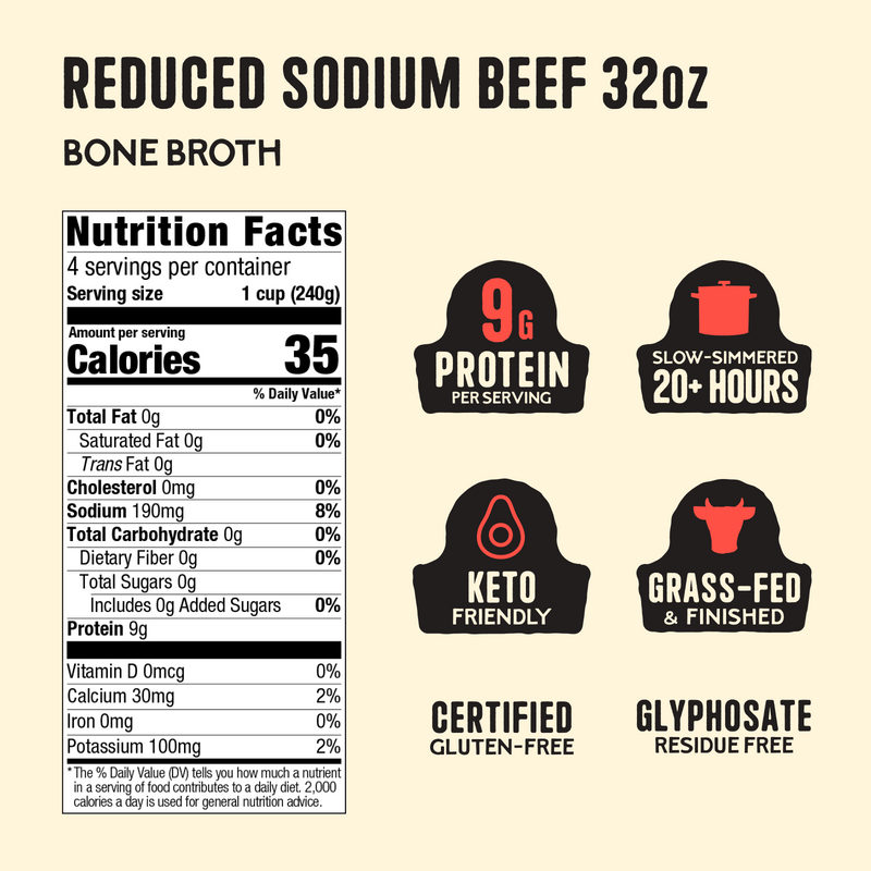 4 Pack: Reduced Sodium Beef Bone Broth - 32oz