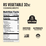 Four 32oz boxes of RS vegetable cooking broth with nutrition facts, vegan and certified gluten-free labels.