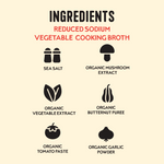 Ingredients list for reduced sodium vegetable cooking broth with icons showing sea salt, organic mushroom extract, vegetable 