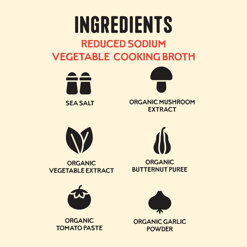 Ingredients list for reduced sodium vegetable cooking broth with icons showing sea salt, organic mushroom extract, vegetable 