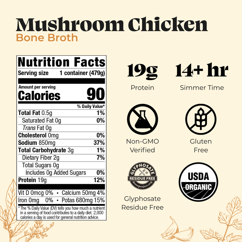 Mushroom Chicken Bone Broth 16.9 oz package label showing nutrition facts, 19g protein, and certifications for non-GMO, glute