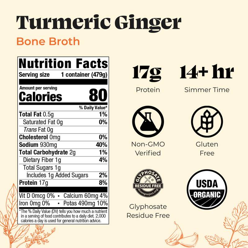 Turmeric ginger bone broth nutrition facts label with 17g protein, 14+ hour simmer time, and certifications for non-GMO, glut