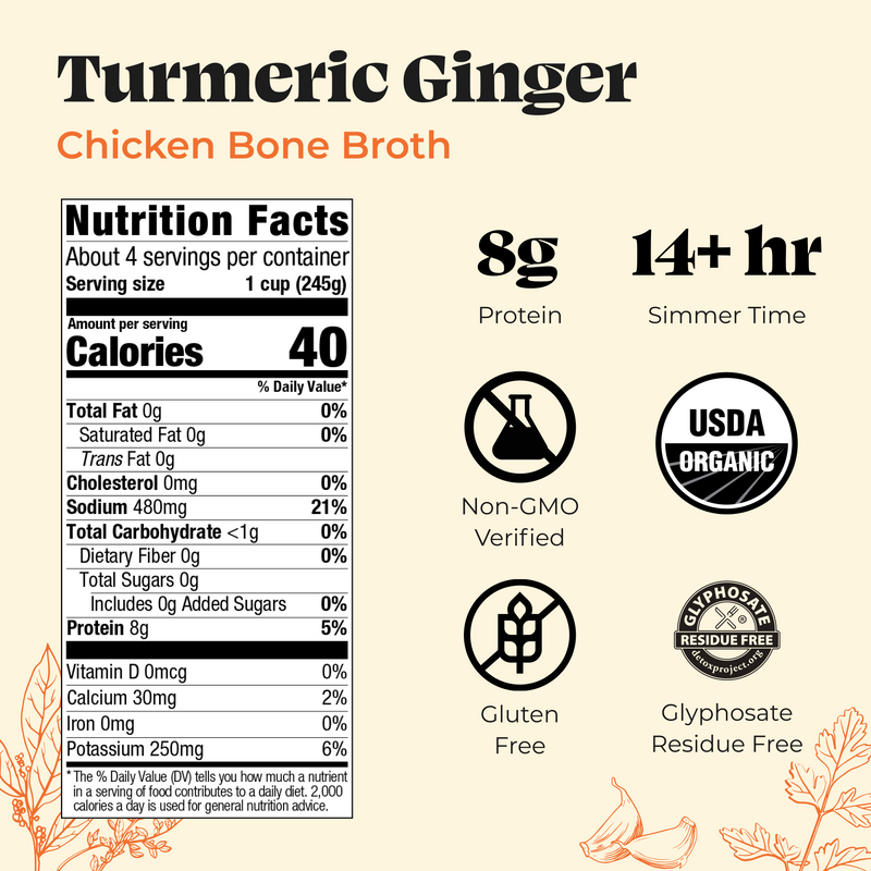 4 Pack: Turmeric Ginger Chicken Bone Broth - 32 oz
