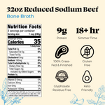 Four 32oz containers of reduced sodium beef bone broth with nutrition facts and product certifications displayed.