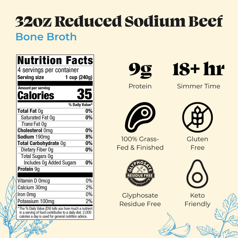 Four 32oz containers of reduced sodium beef bone broth with nutrition facts and product certifications displayed.