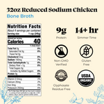 Four 32oz cartons of reduced sodium chicken bone broth with nutrition facts, protein content, and certification badges displa