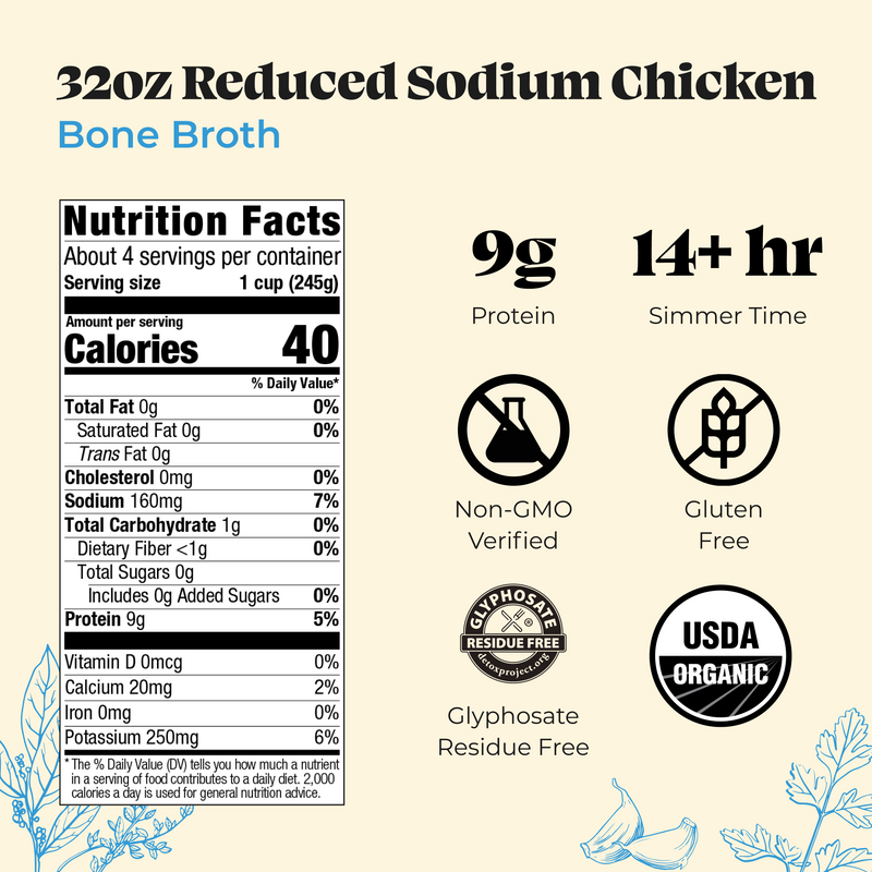 Four 32oz cartons of reduced sodium chicken bone broth with nutrition facts, protein content, and certification badges displa