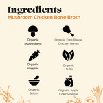 Ingredients label showing mushroom, chicken leg, carrot, herbs, mortar and pestle, and apple cider vinegar icons with text.