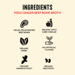 Infographic displaying six ingredient icons with labels: grass-fed beef bones, organic apple cider vinegar, organic herbs, no