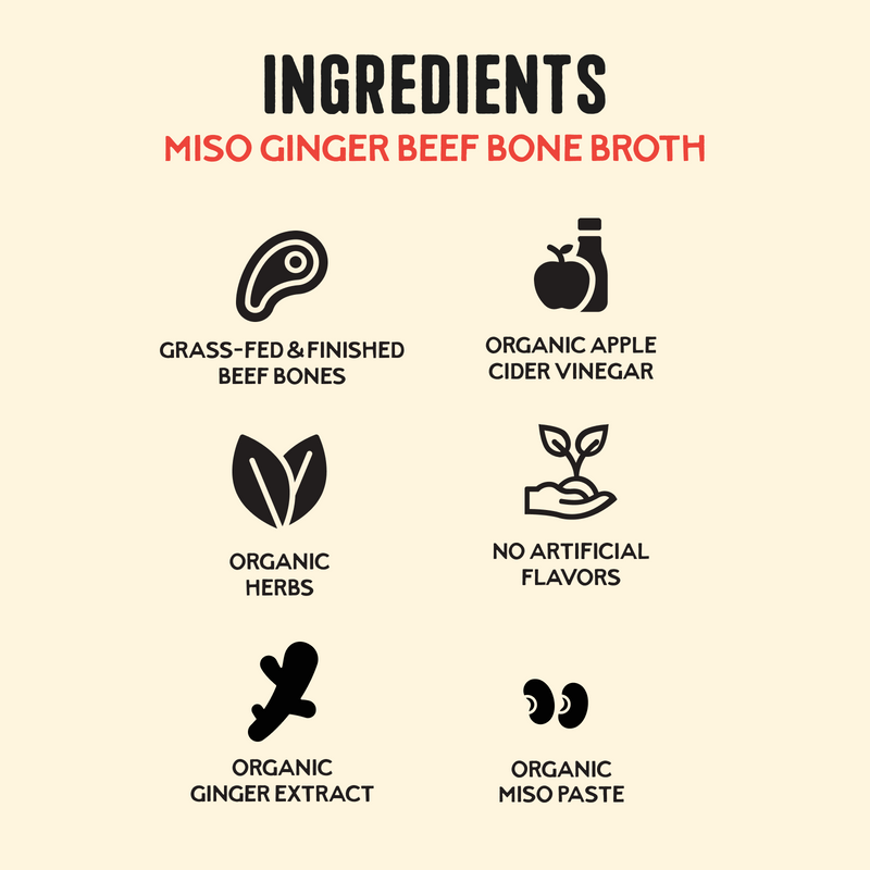 Infographic displaying six ingredient icons with labels: grass-fed beef bones, organic apple cider vinegar, organic herbs, no
