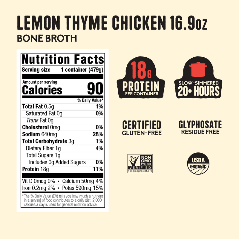 Lemon Thyme Chicken Bone Broth 16.9oz container label with nutrition facts, 18g protein badge, and certifications.