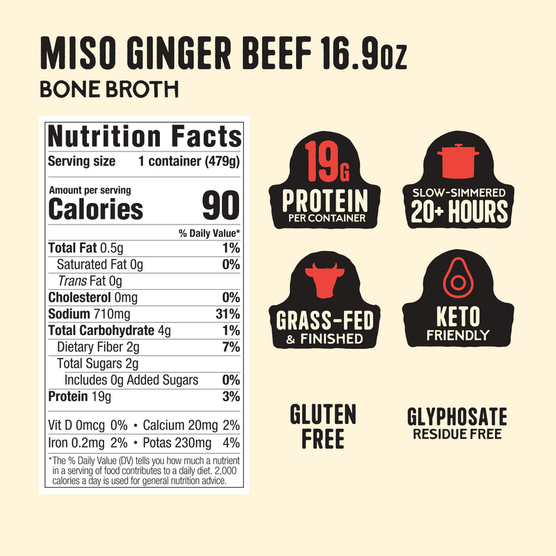 Miso Ginger Beef Bone Broth 16.9oz carton with nutrition facts label and product badges displaying protein content, slow-simm