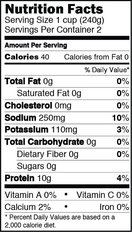 Nutrition Facts serving size 1 cup (240g) servings per container 2, calories 40, sodium 250mg 10%, potassium 110mg 3%, protein 10g 4%, calcium 2%