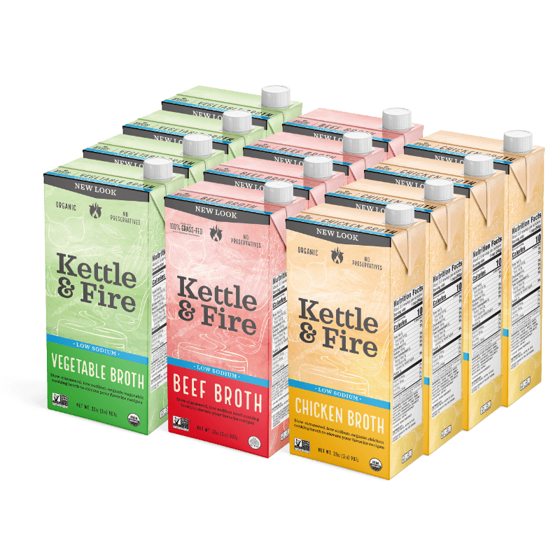12 Pack: 4 Beef, 4 Chicken and 4 Vegetables Low Sodium Cooking Broth Bundle Kettle & Fire 