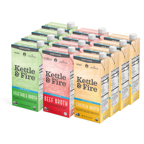 12 Pack: 4 Beef, 4 Chicken and 4 Vegetables Low Sodium Cooking Broth Bundle Kettle & Fire 
