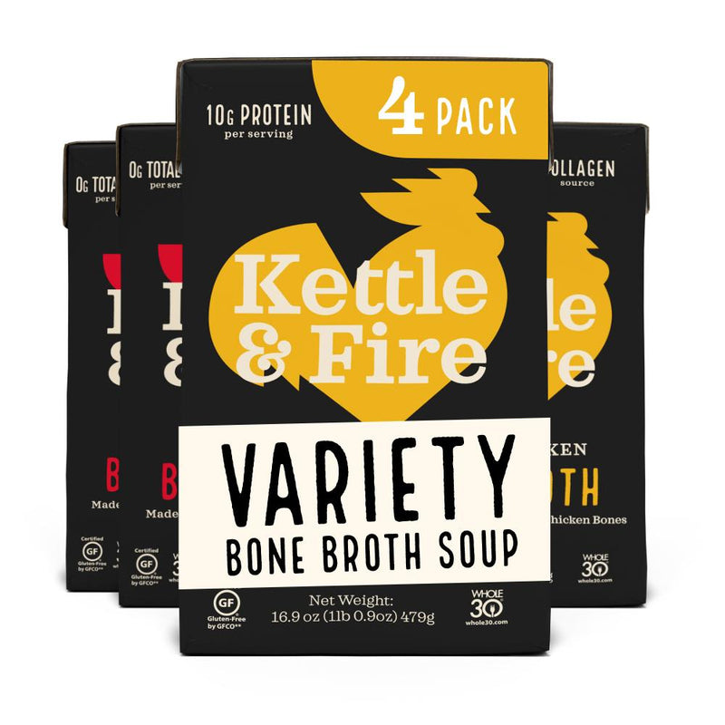 4-pack, Beef & Chicken Bone Broth, Kettle and Fire Keto Diet Friendly, Paleo Friendly, Whole 30 Approved, Gluten Free, contains Collagen, 10g of Protein, 16.9oz each Kettle & Fire 