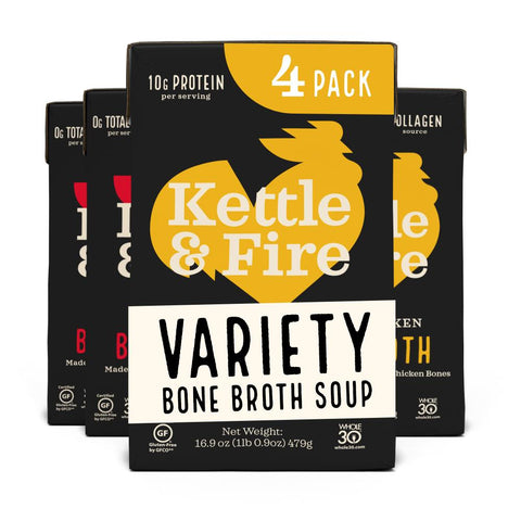 4-pack, Beef & Chicken Bone Broth, Kettle and Fire Keto Diet Friendly, Paleo Friendly, Whole 30 Approved, Gluten Free, contains Collagen, 10g of Protein, 16.9oz each Kettle & Fire 