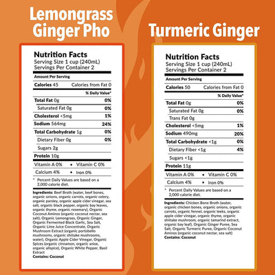 Nutrition Facts serving size 1 cup (240mL) servings per container 2, calories 45, cholesterol <5mg 1%, sodium 564mg 24%, total carbohydrate 1g, sugars 2g, protein 10g, calcium 4%  Nutrition Facts  serving size 1 cup (240mL) servings per container 2, calories 50, cholesterol <5mg 1%, sodium 490mg 20%, total carbohydrate <1g, dietary fiber < 1g 4%, sugars < 1g, protein 11g, calcium 4%